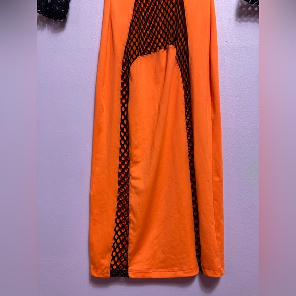 Orange Black Fishnet Mesh Midi Dress Quarter Sleeves Size Small - Picture 3 of 3